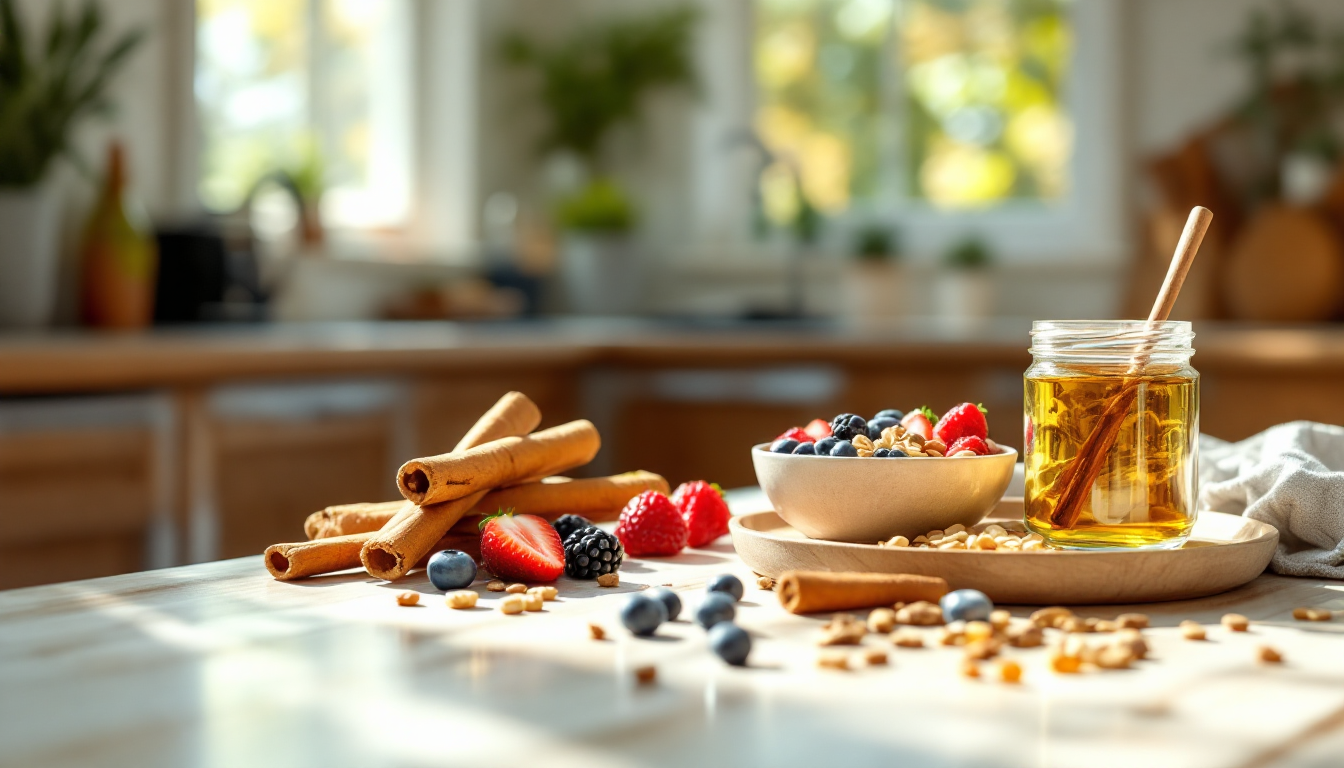 A cup of tea and a small dish of cinnamon on a kitchen counter in afternoon light